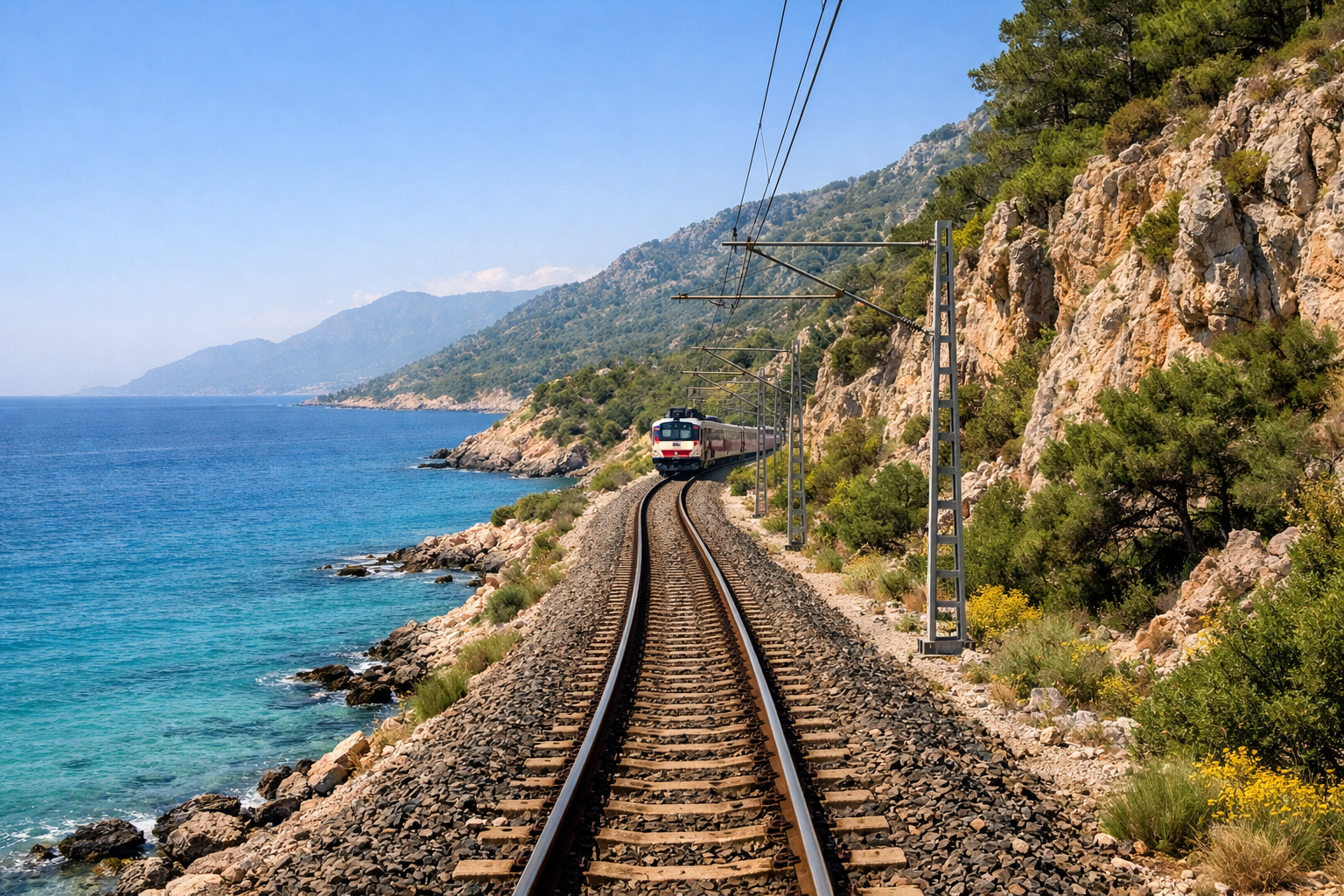 Deniz kiyisi boyunca uzanan demir yolu
