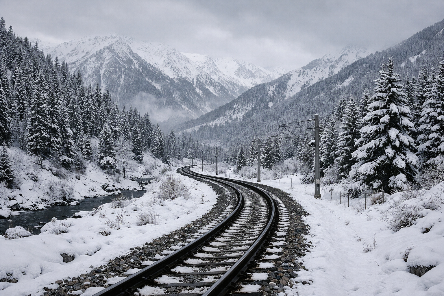 Karli bir kis gununde tren hatti