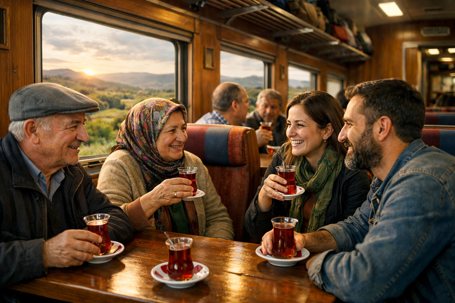 Tren vagonunda cay esliginde sohbet